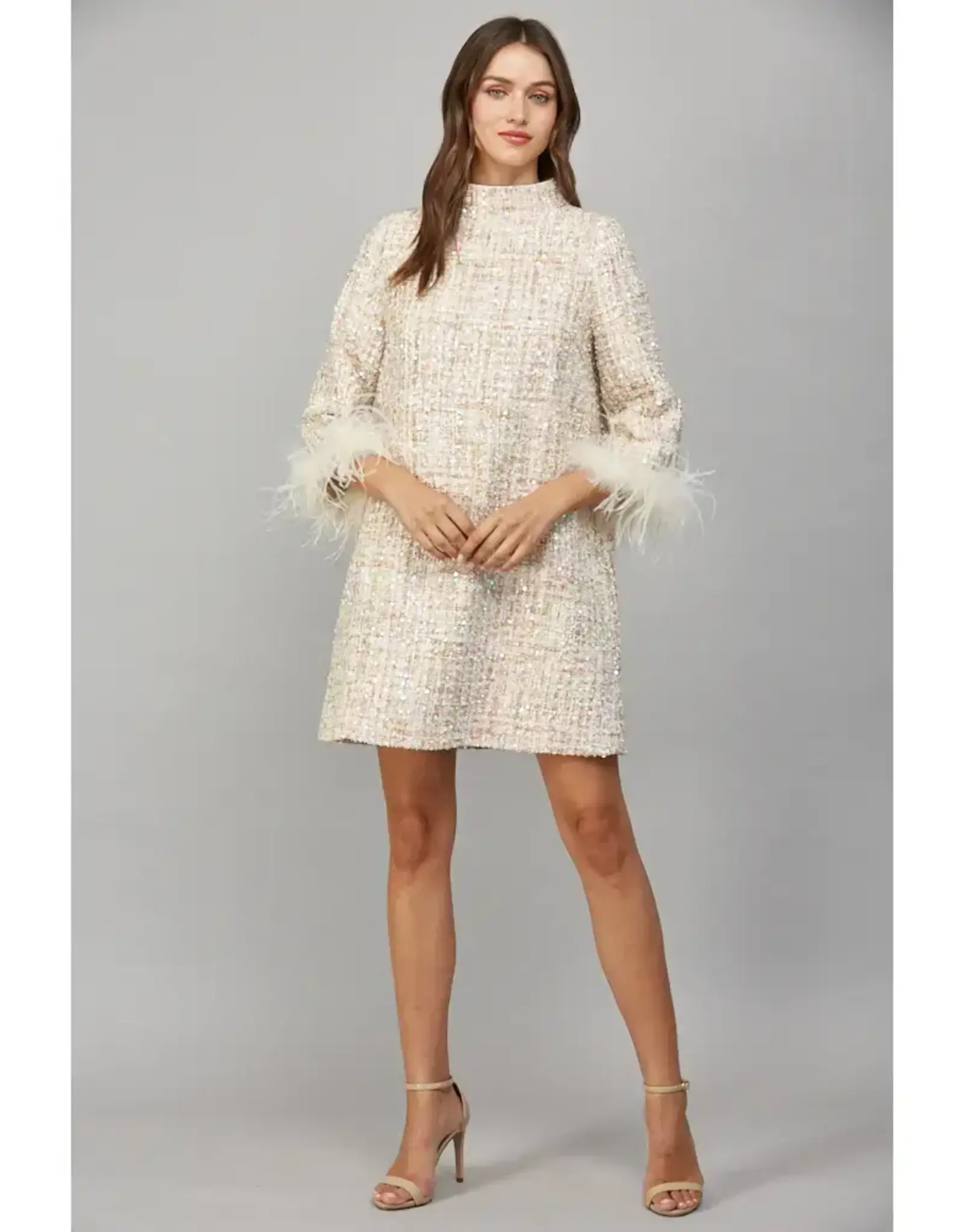 FEATHER TRIM  TWEED SHIFT DRESS