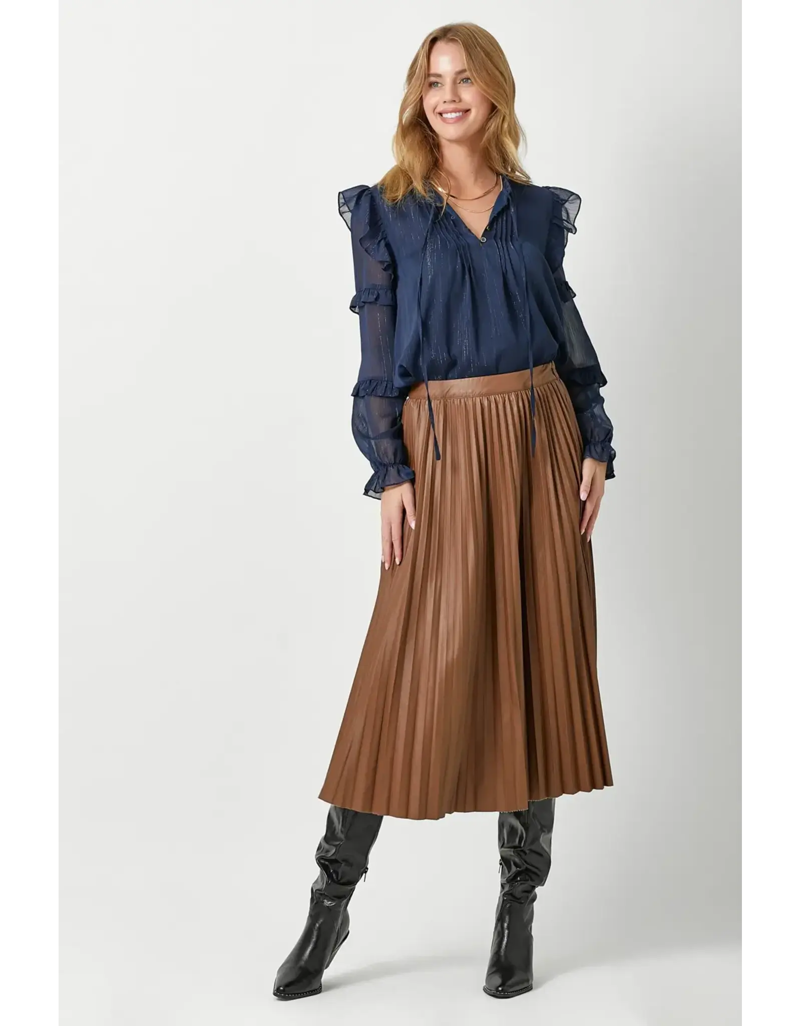 MYSTREE PLEATED VEGAN LEATHER MIDI SKIRT