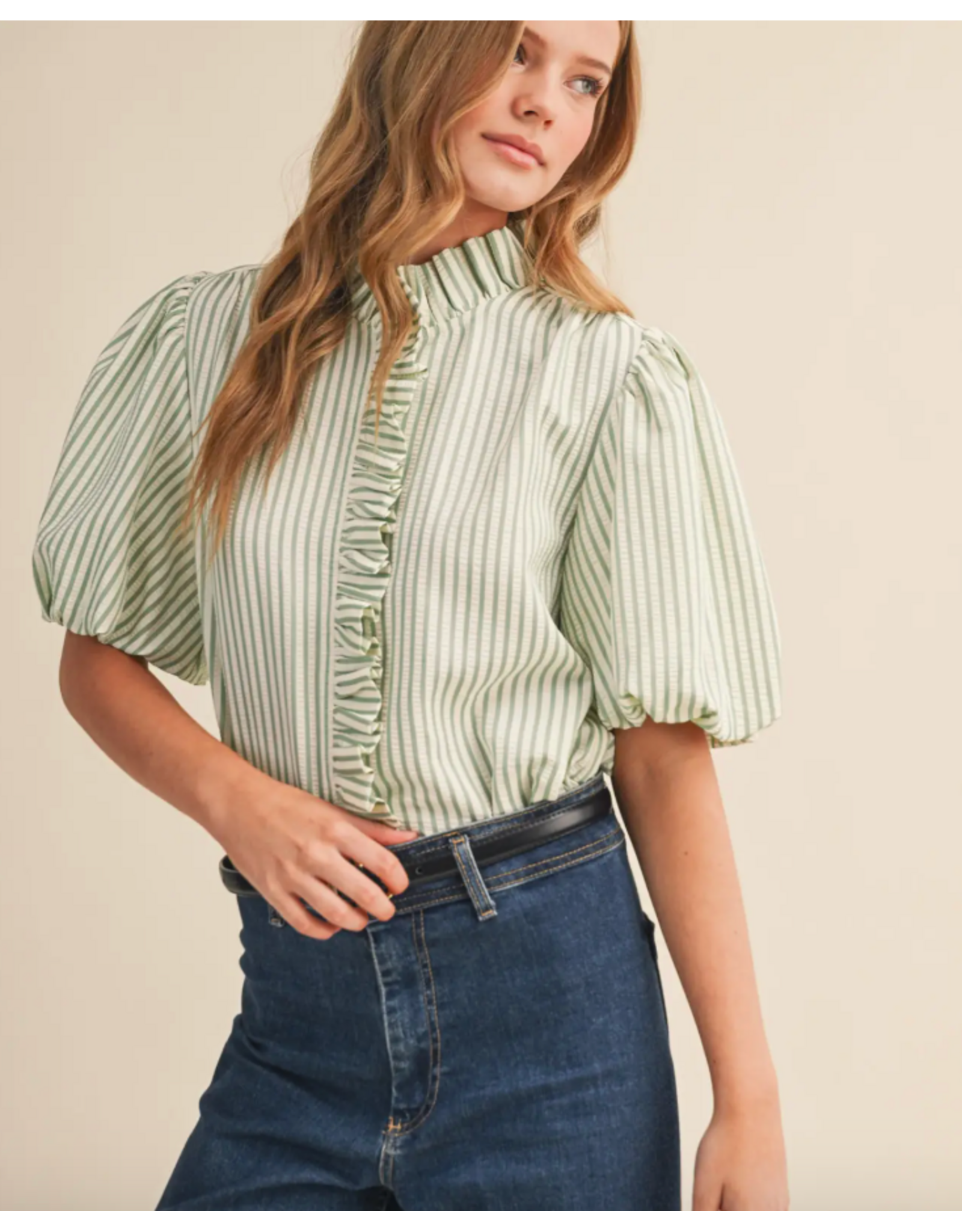 STRIPE RUFFLE NECK TOP
