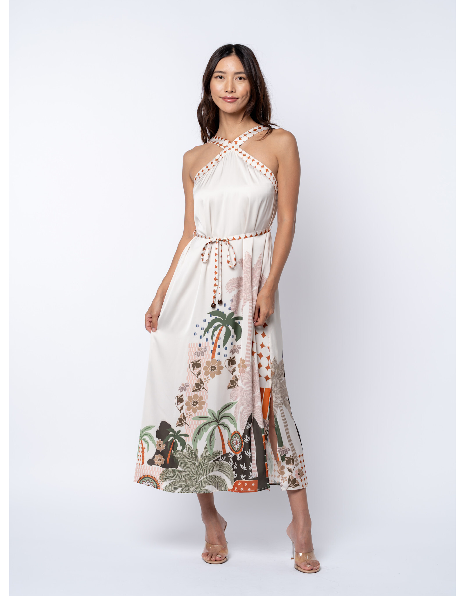 ABSTRACT PALM PRINT HALTER DRESS