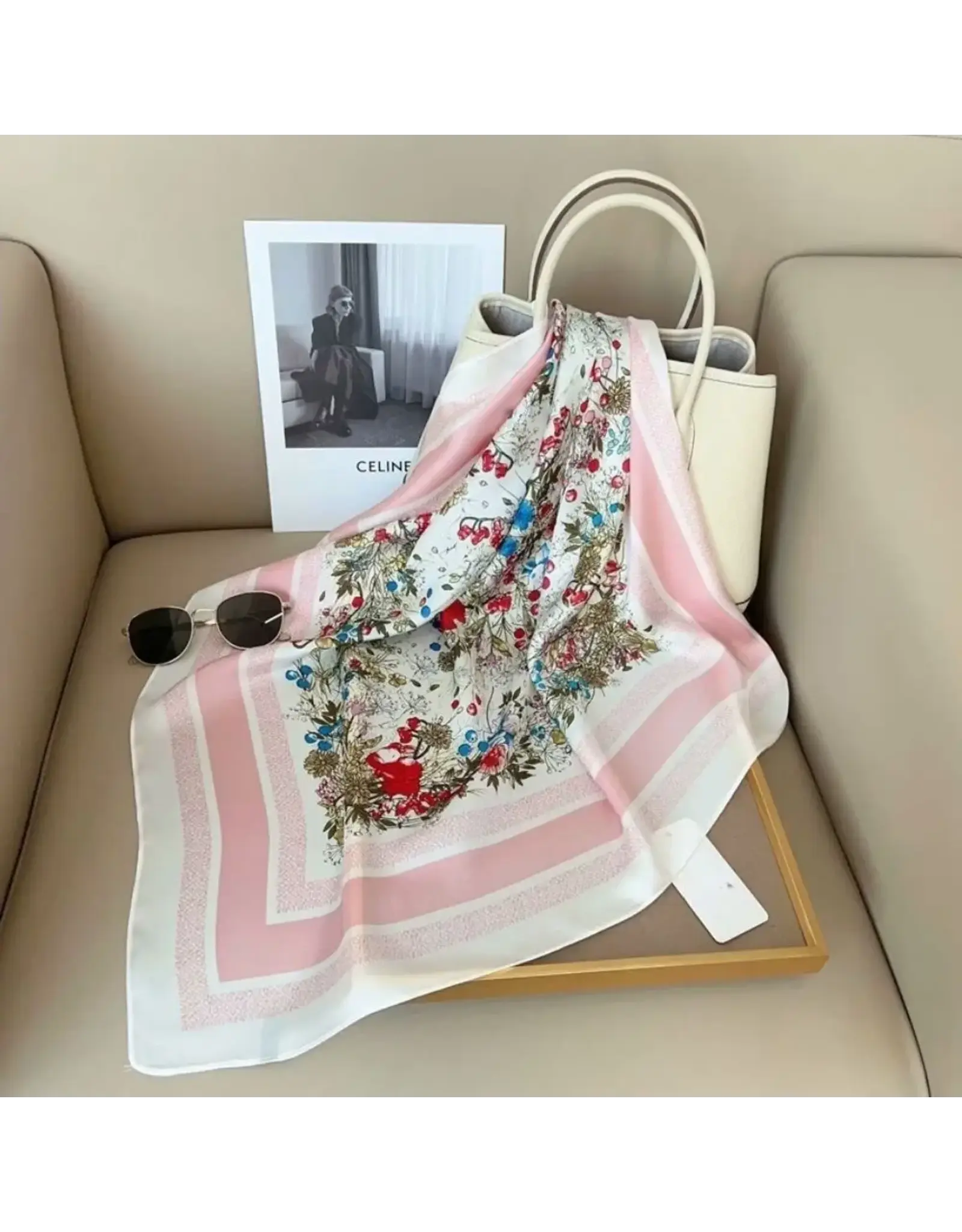 JOIA ACCESSORIES FLOWER SILKY PINK BANDANA SQUARE NECK SCARF