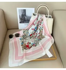 JOIA ACCESSORIES FLOWER SILKY PINK BANDANA SQUARE NECK SCARF