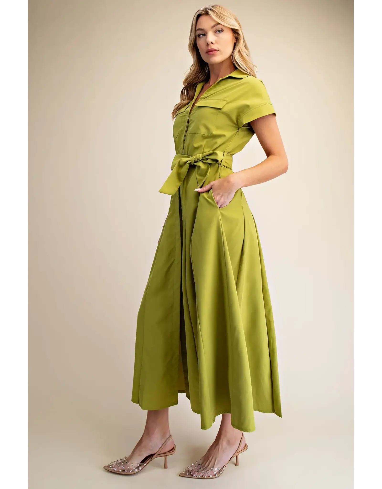 FRONT POCKET BUTTON DOWN MIDI DRESS