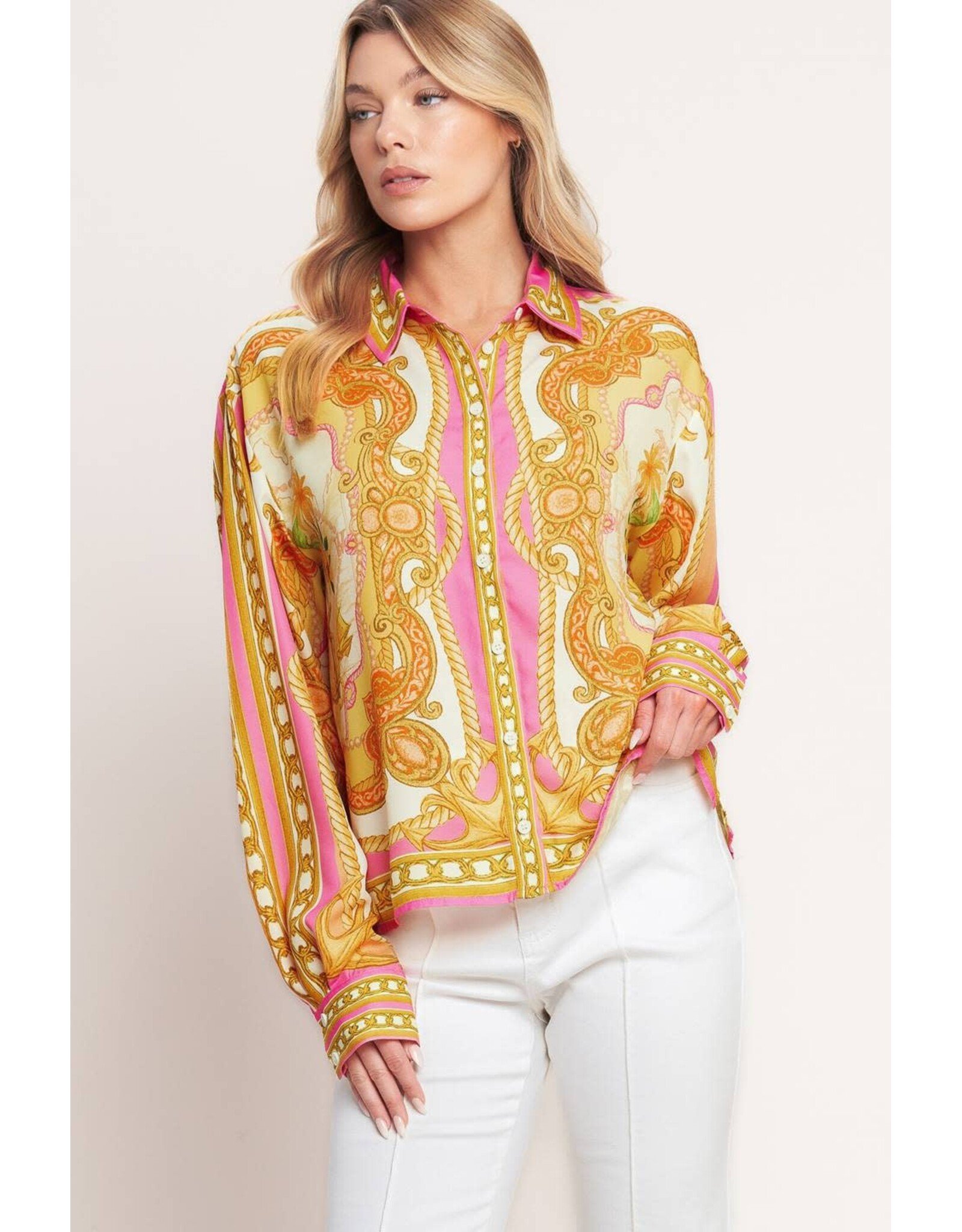 BAROQUE FLORAL BUTTON DOWN BLOUSE