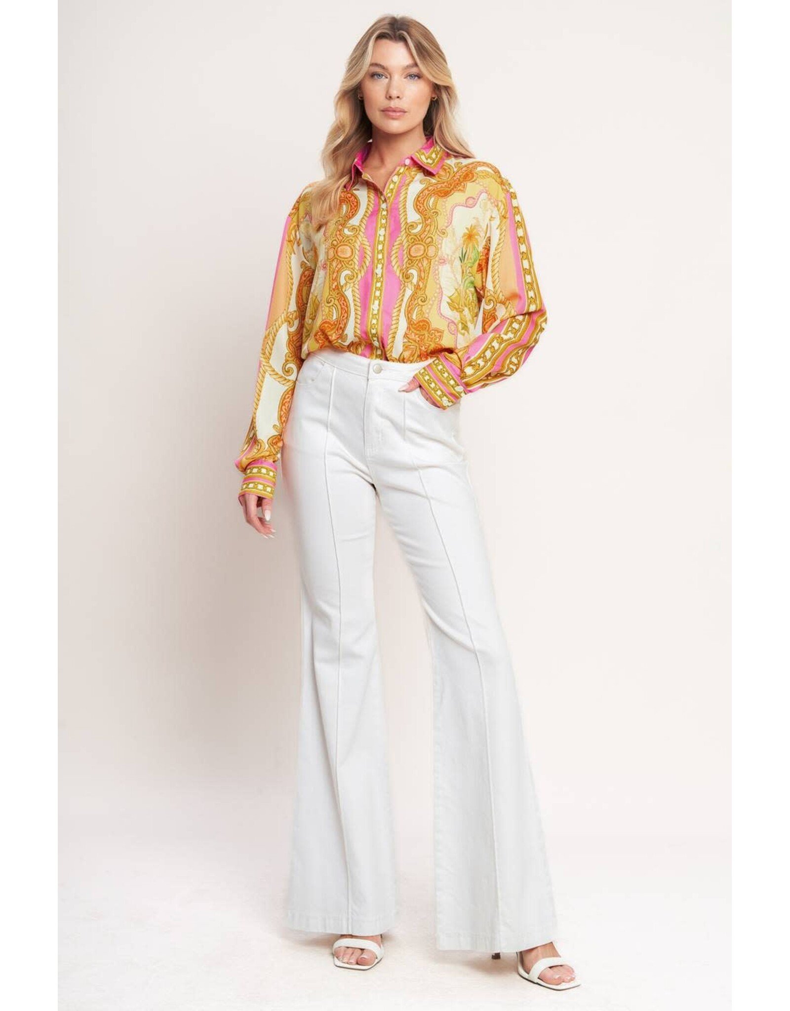 BAROQUE FLORAL BUTTON DOWN BLOUSE