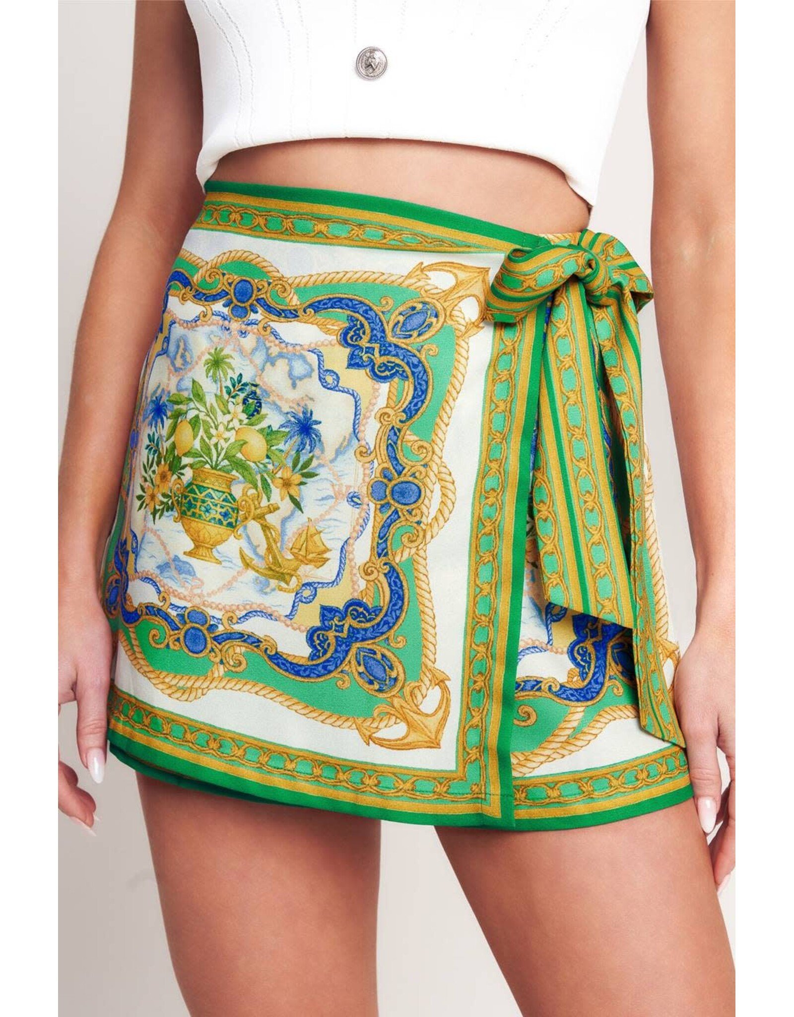 BAROQUE FLORAL PRINT WRAP SKORT