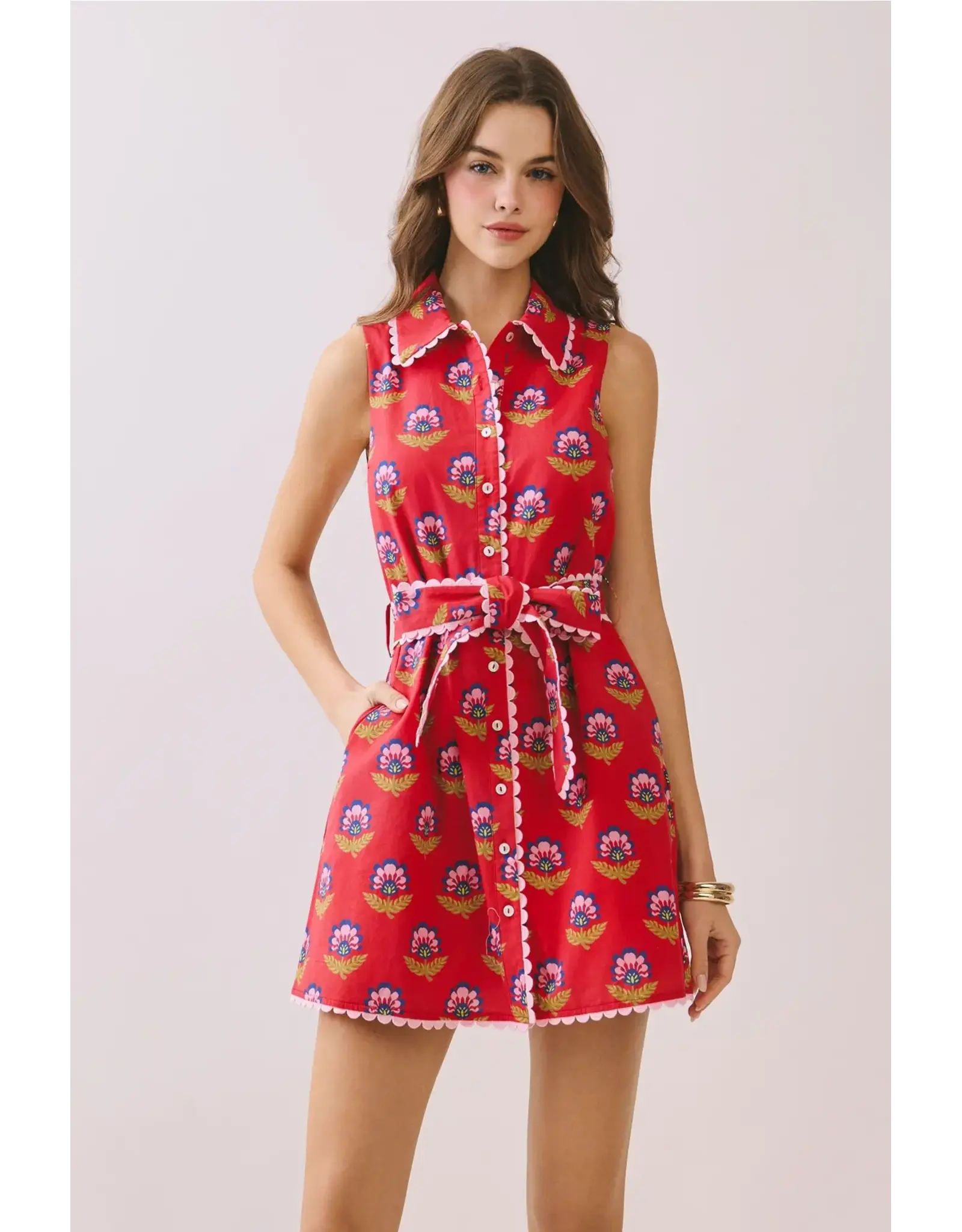FLORAL PRINT SCALLOP TRIM DRESS