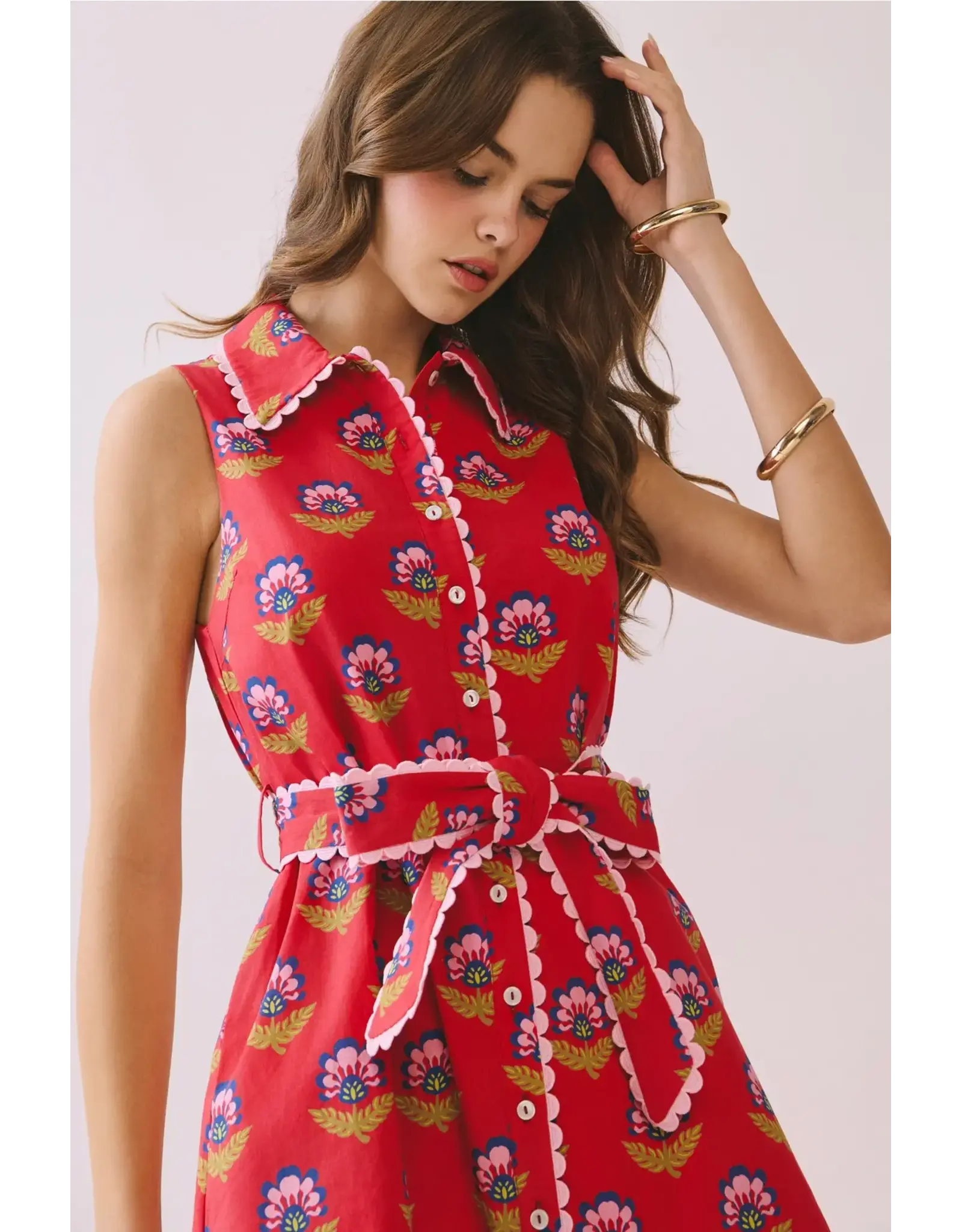 FLORAL PRINT SCALLOP TRIM DRESS