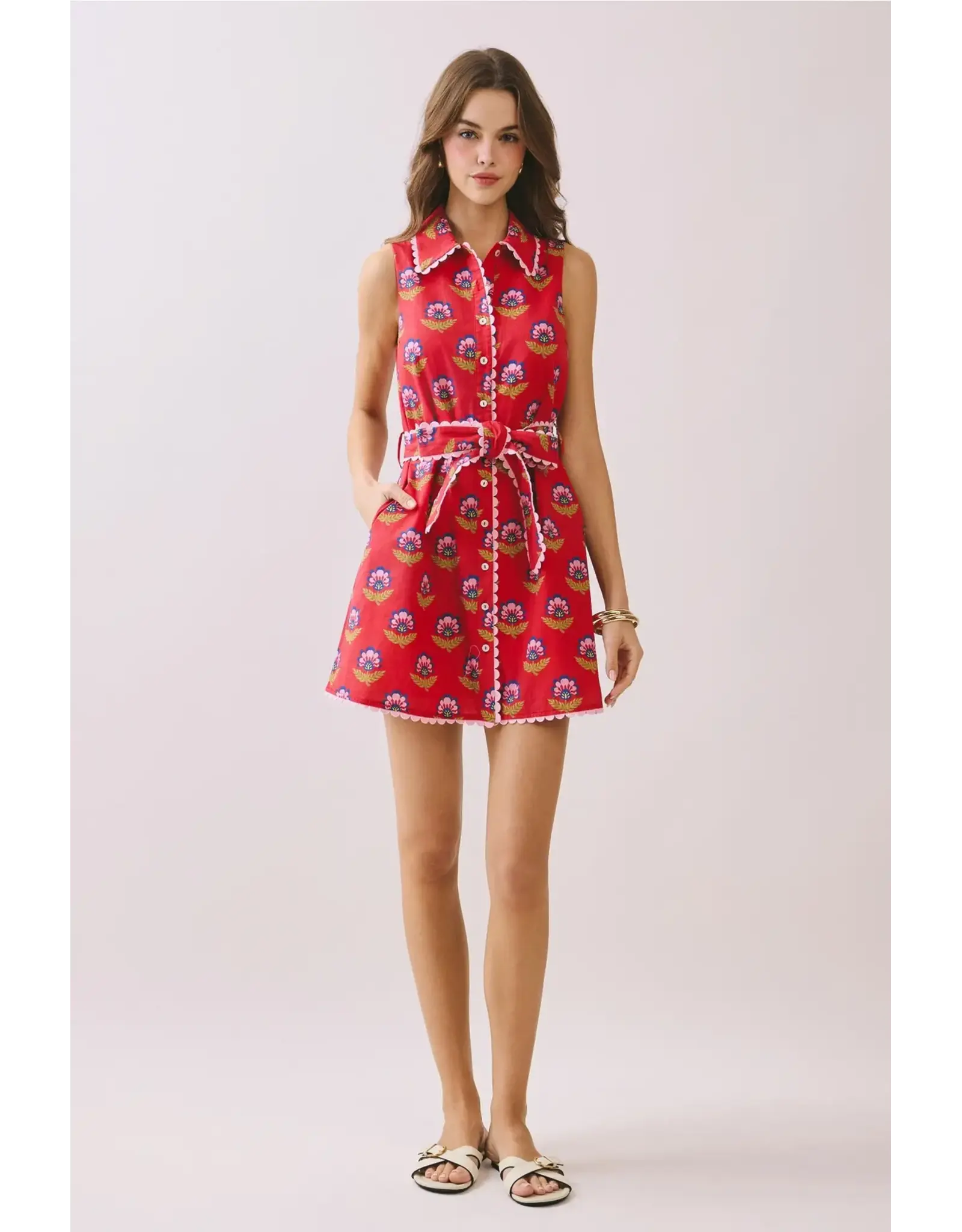 FLORAL PRINT SCALLOP TRIM DRESS