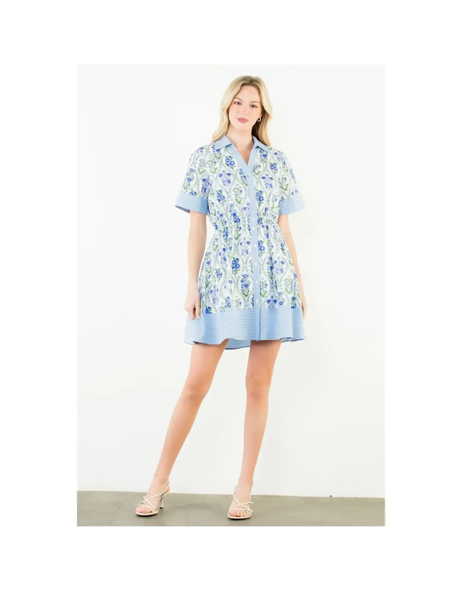 BLUE FLOWER BUTTON DOWN MINI DRESS