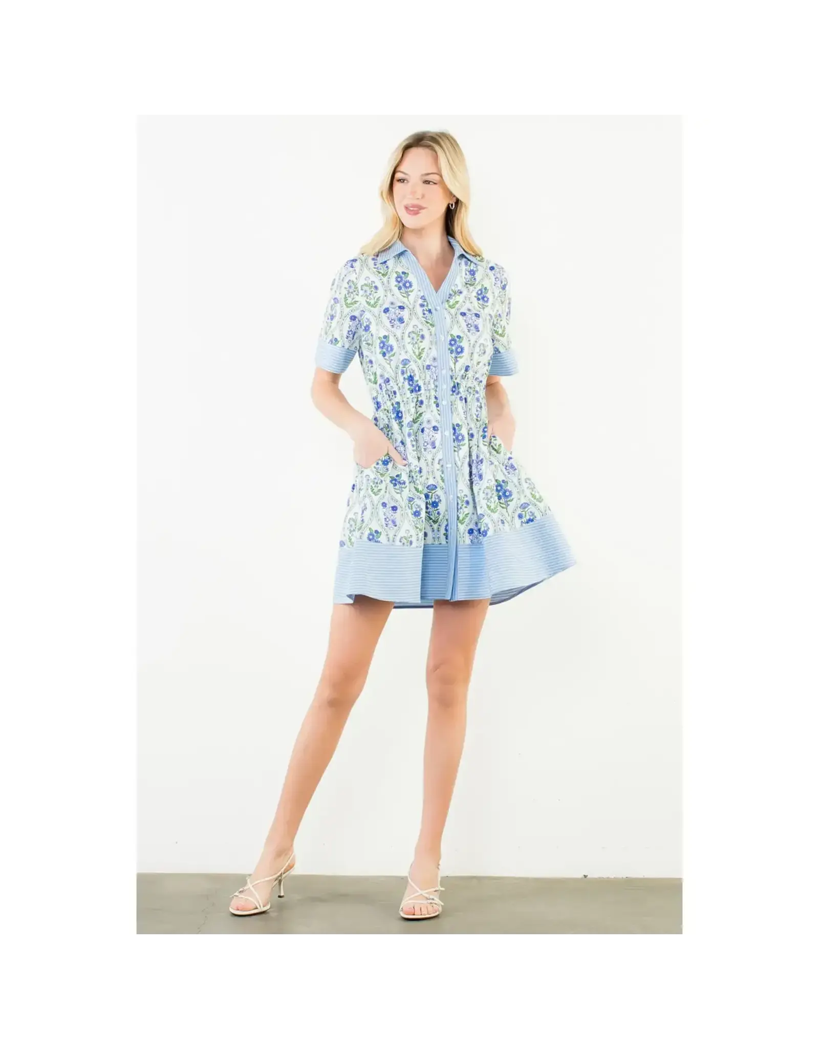 BLUE FLOWER BUTTON DOWN MINI DRESS
