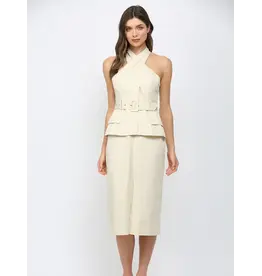 FARRAH CROSS OVER NECK BELTED MIDI DRESS