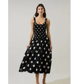 EMERSON DOT RUCHED MIDI DRESS