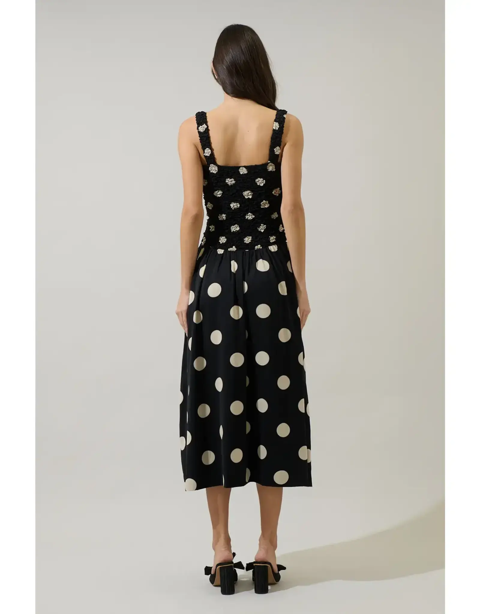 EMERSON DOT RUCHED MIDI DRESS