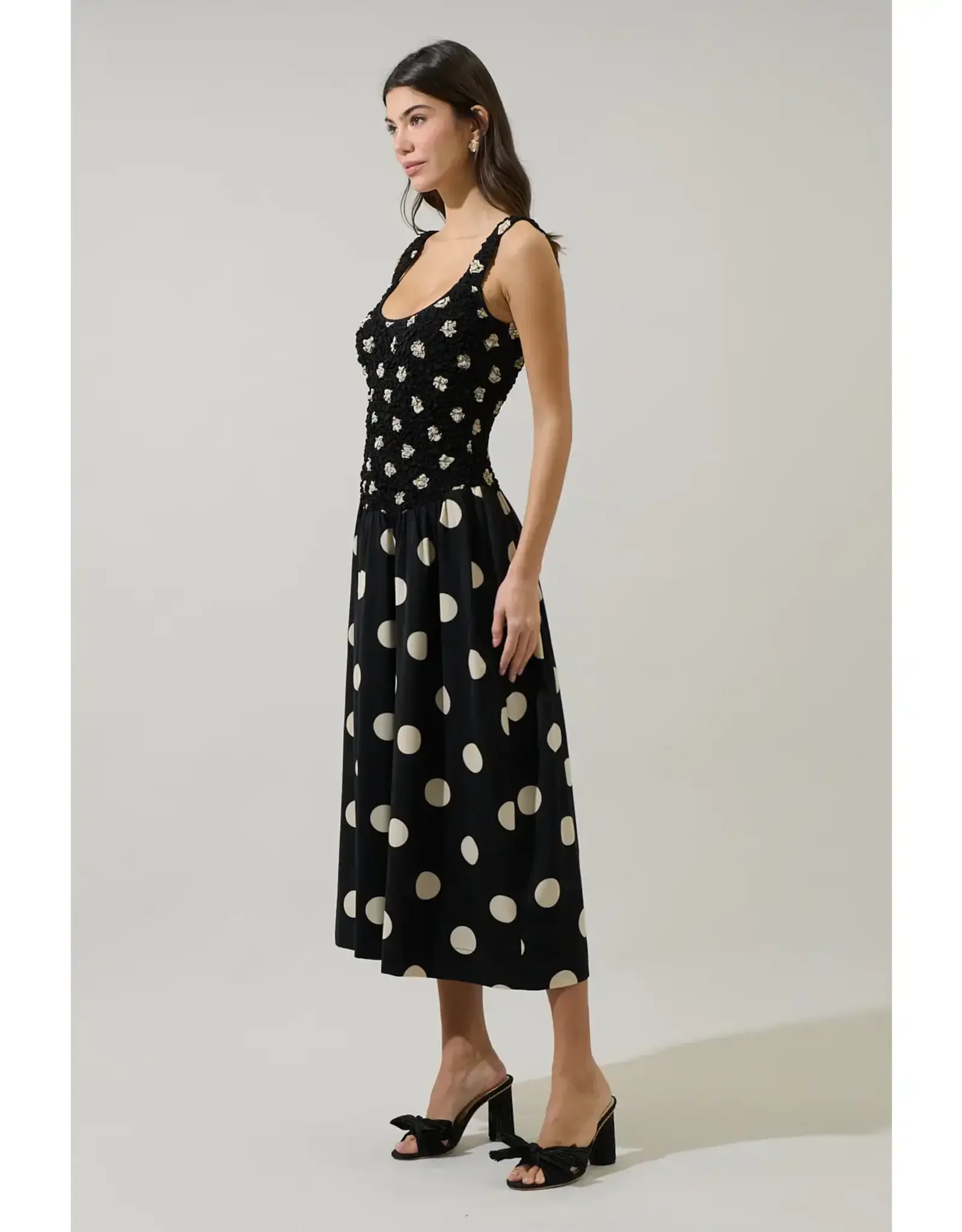 EMERSON DOT RUCHED MIDI DRESS