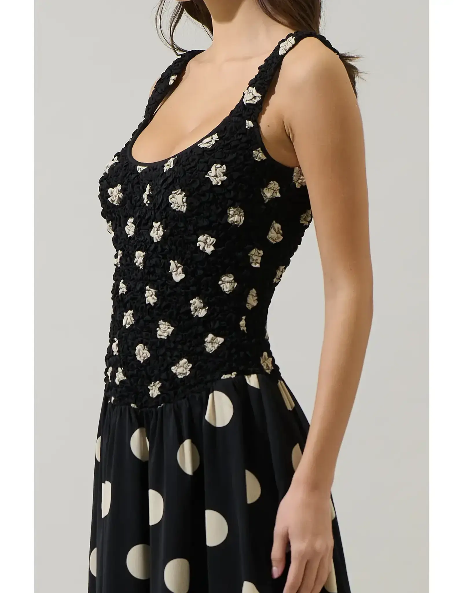 EMERSON DOT RUCHED MIDI DRESS