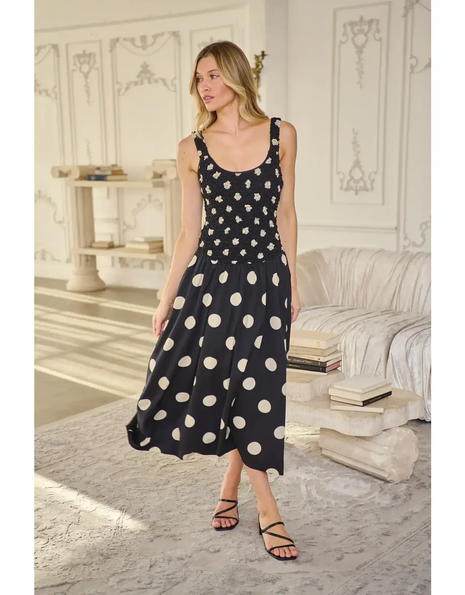 EMERSON DOT RUCHED MIDI DRESS