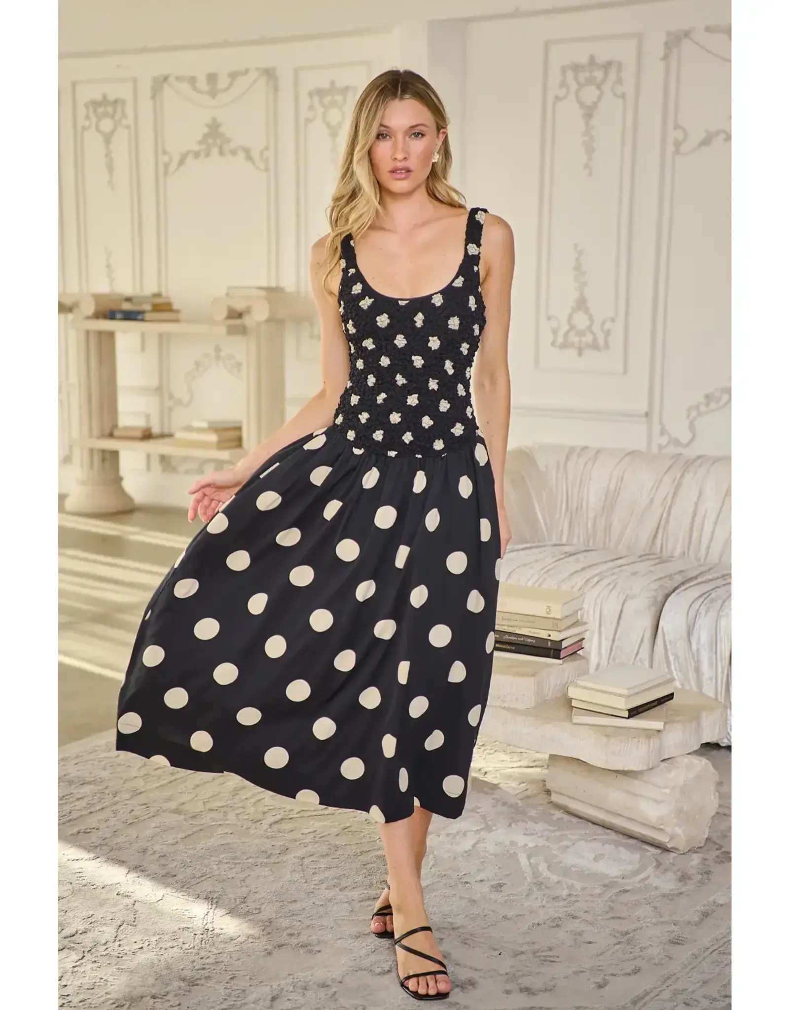 EMERSON DOT RUCHED MIDI DRESS