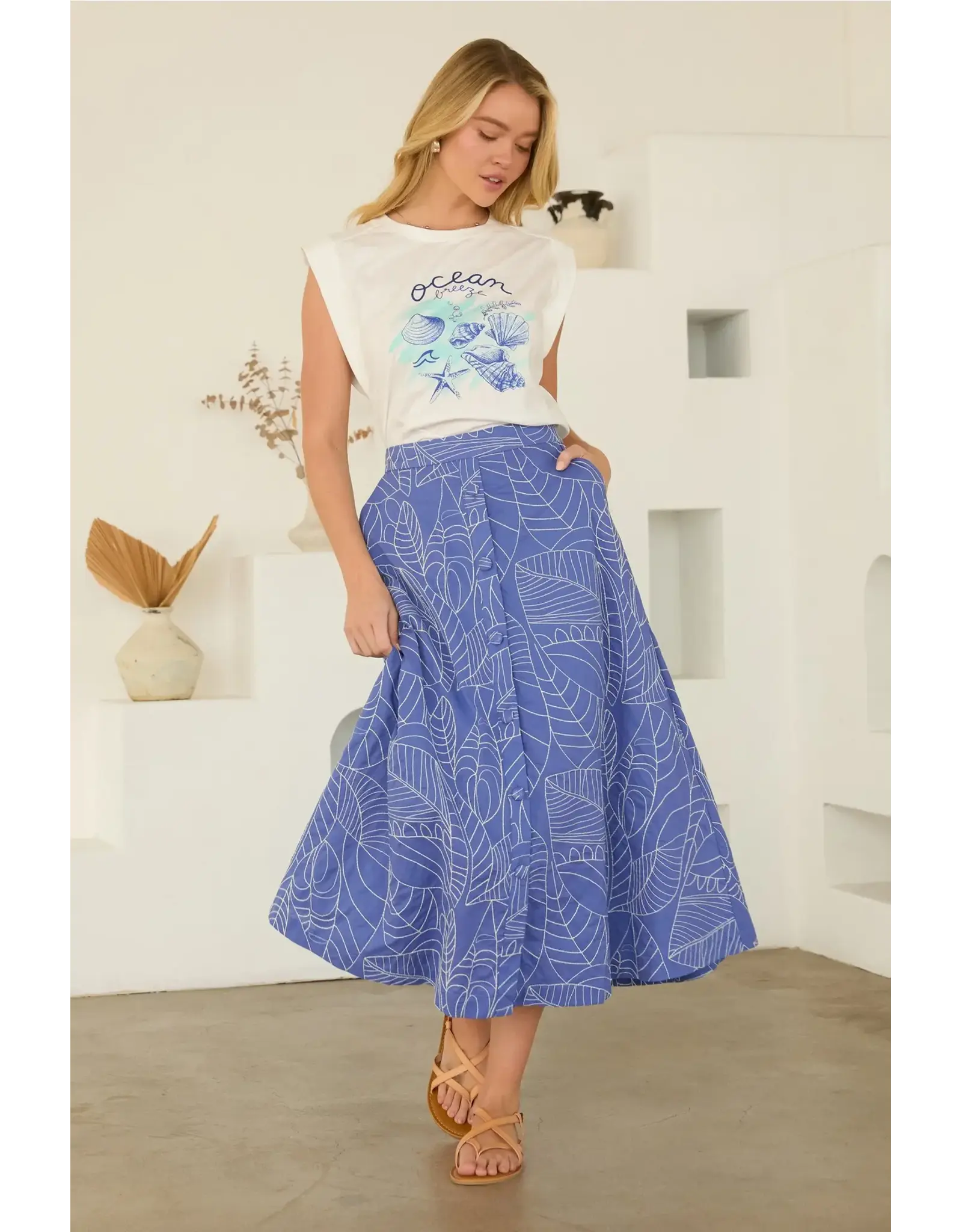 PALM EMB. ELASTIC WAIST SKIRT