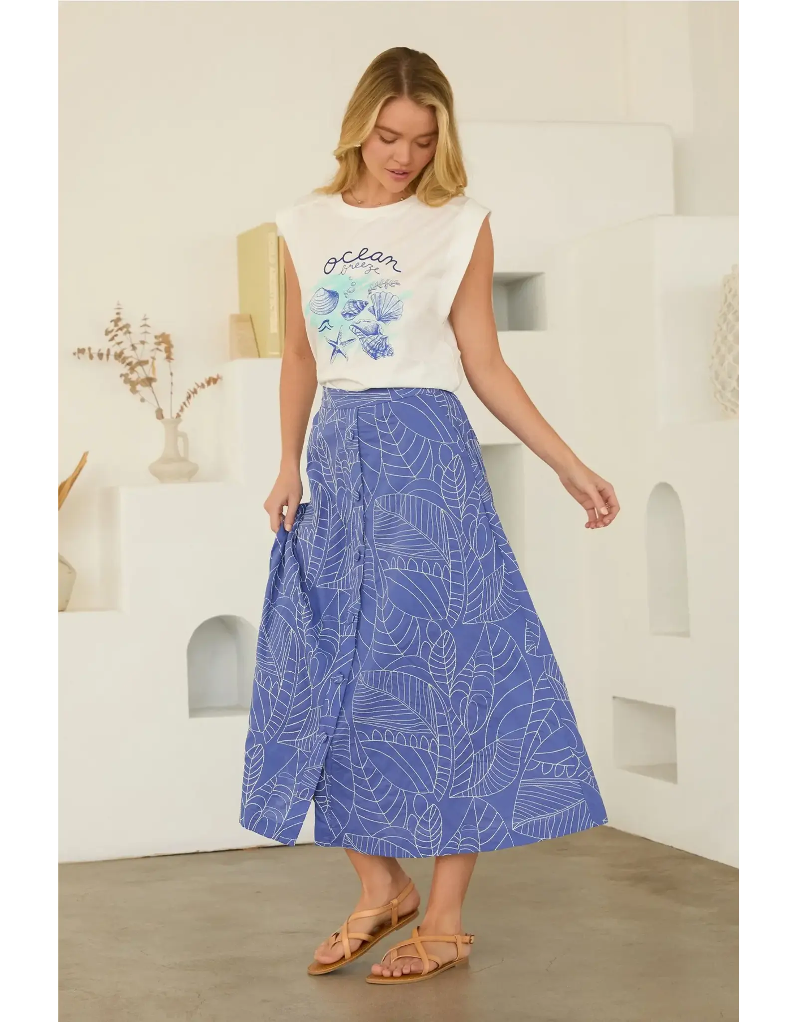 PALM EMB. ELASTIC WAIST SKIRT