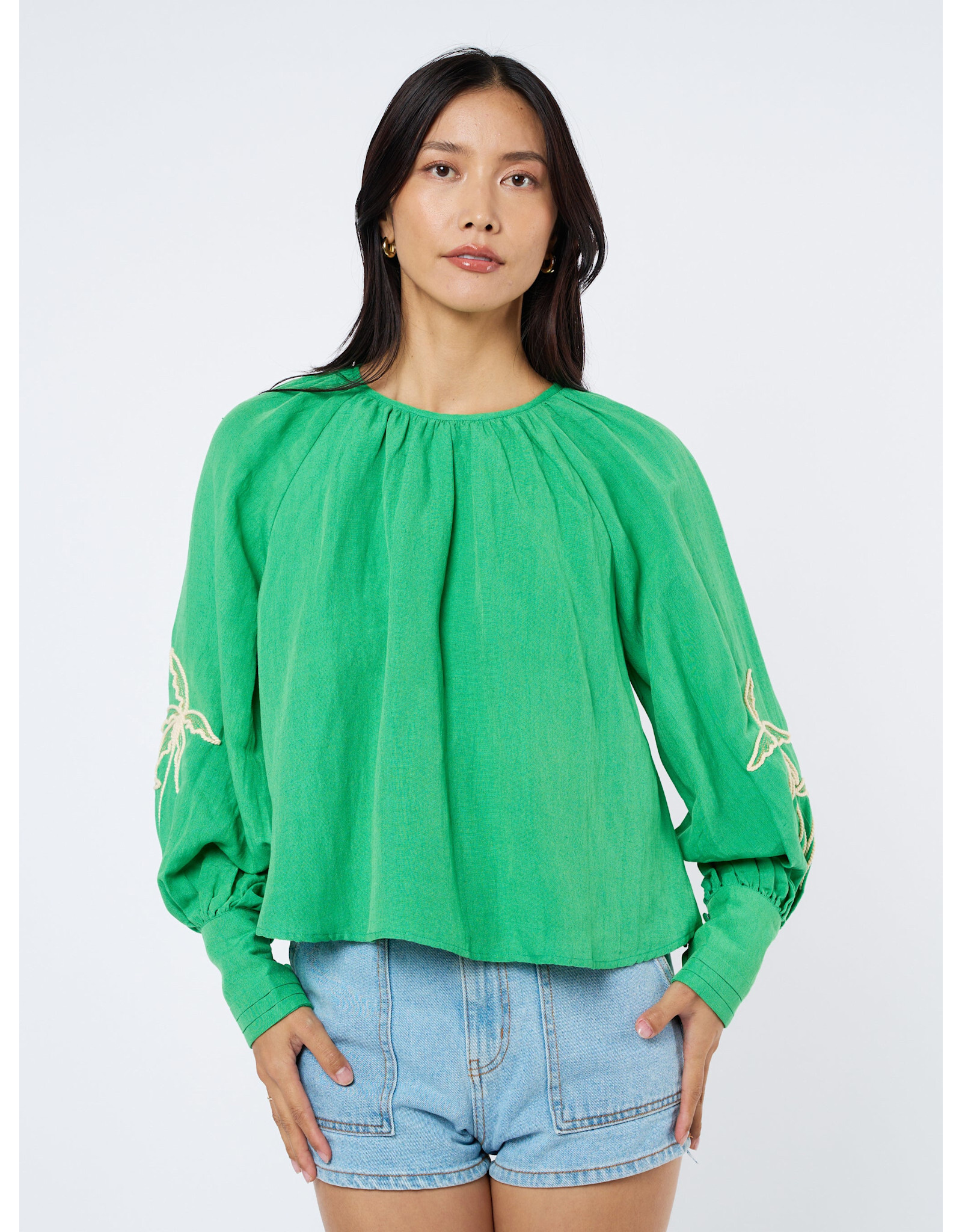 EMBROIDERED LSLV PALM BLOUSE
