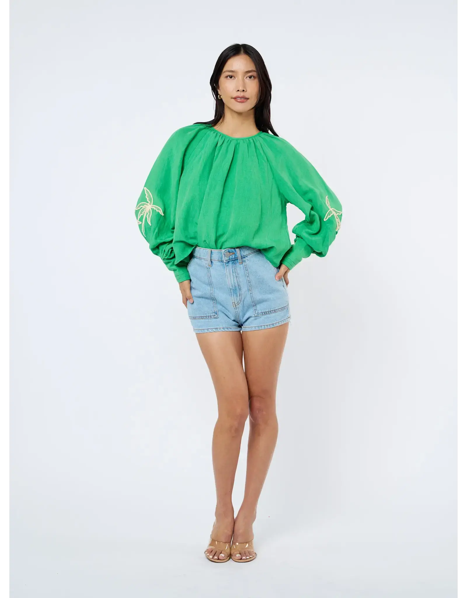 EMBROIDERED LSLV PALM BLOUSE