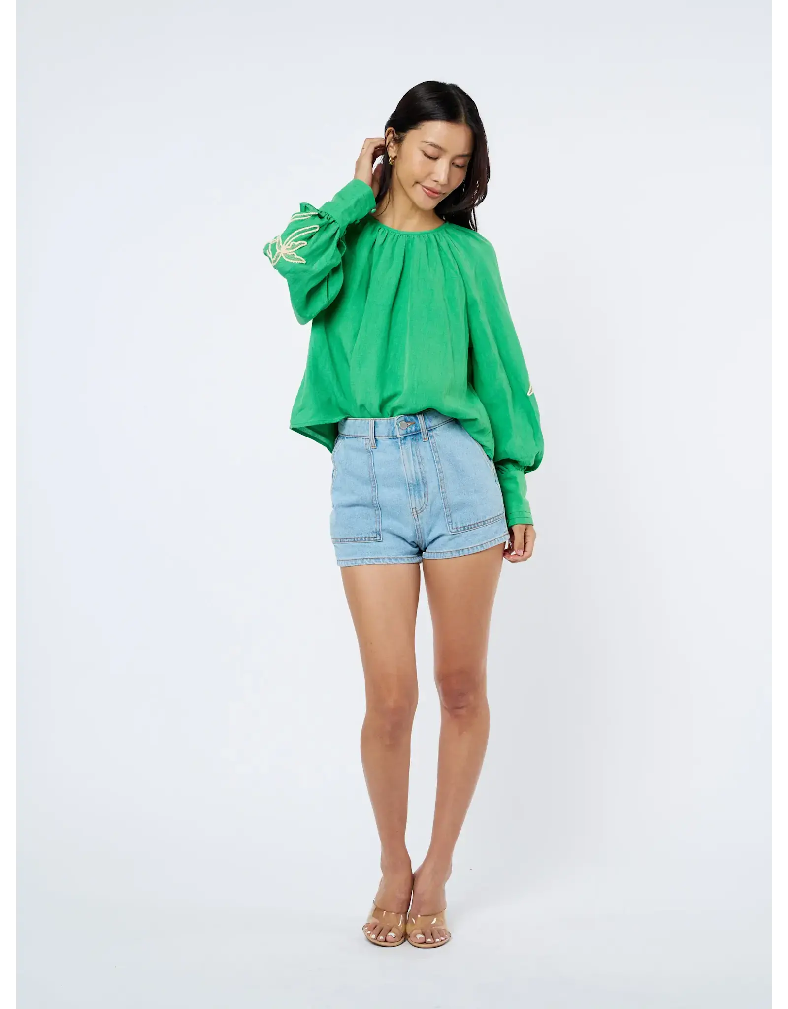 EMBROIDERED LSLV PALM BLOUSE