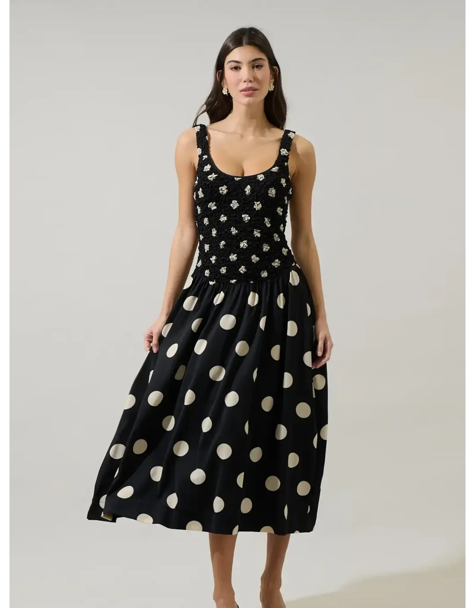 EMERSON DOT RUCHED MIDI DRESS