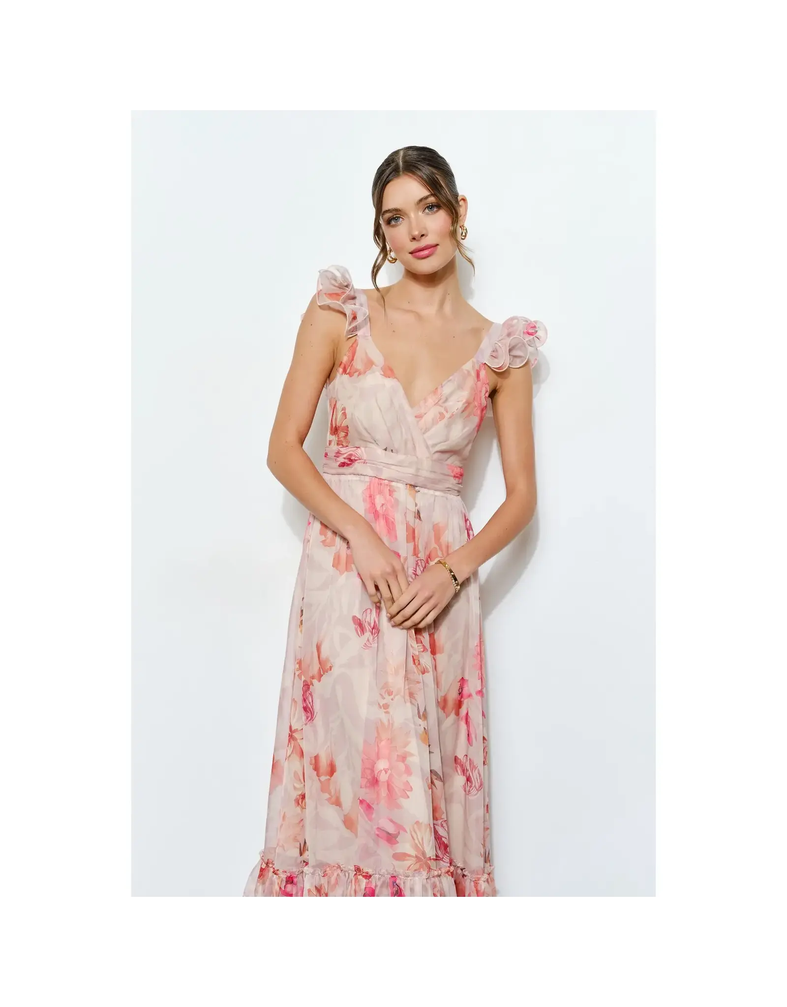 INA PEACH FLORAL SLVLESS MAXI
