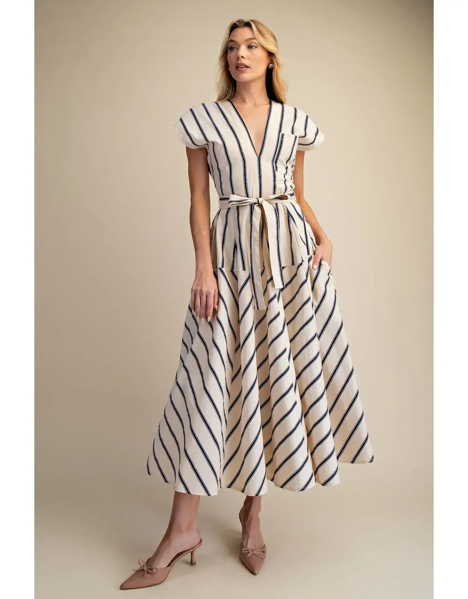 SSLV VNECK STRIPED MIDI