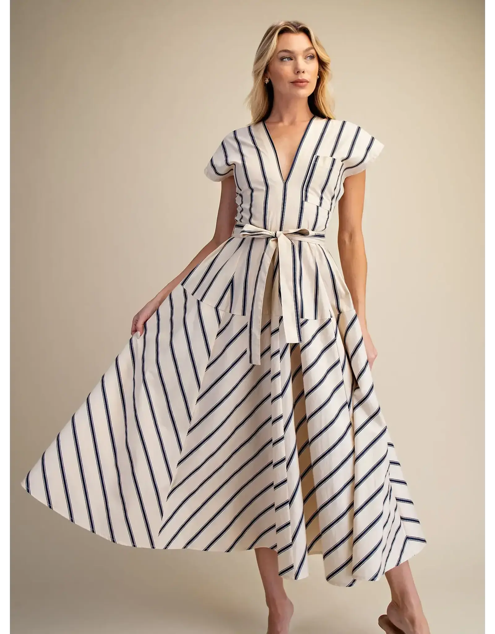 SSLV VNECK STRIPED MIDI