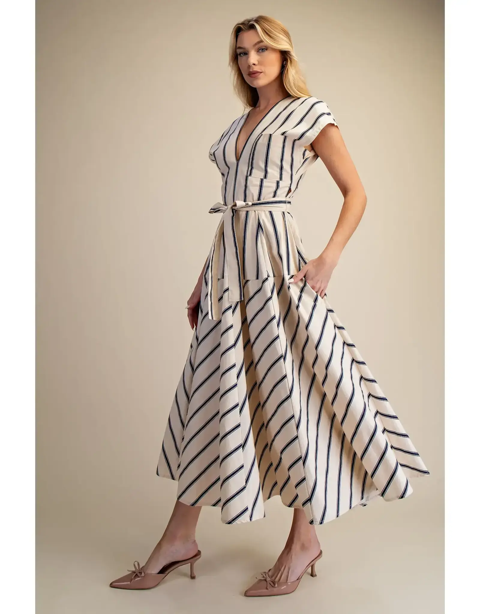 SSLV VNECK STRIPED MIDI