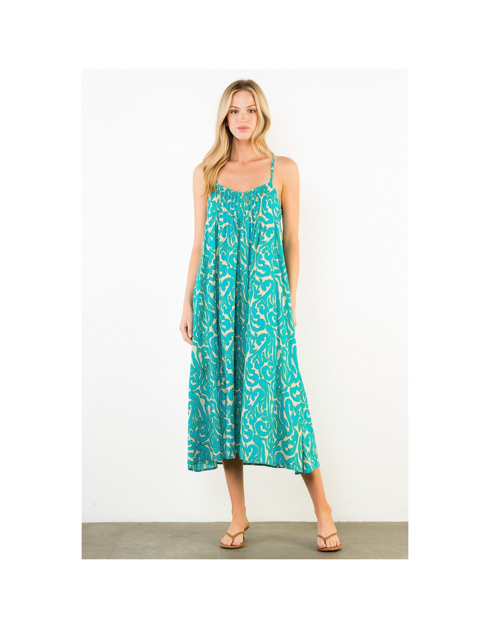 THIN STRAP PATTERN MIDI DRESS