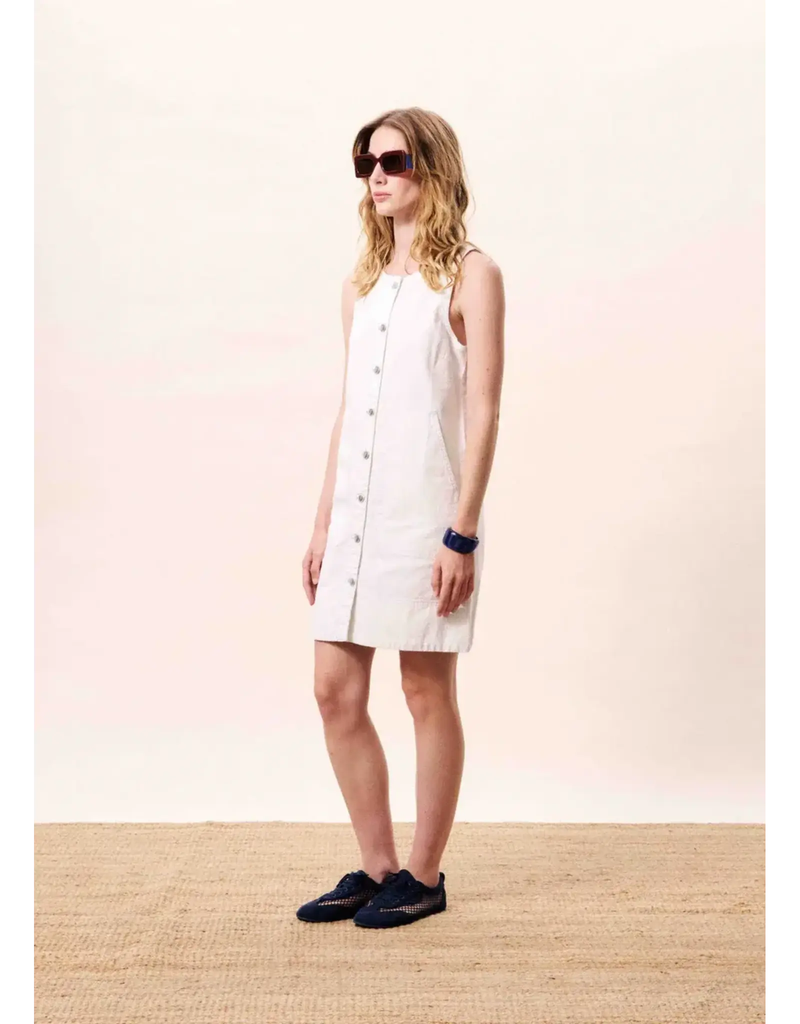 FRENCH SLVLESS STRIPED DENIM DRESS