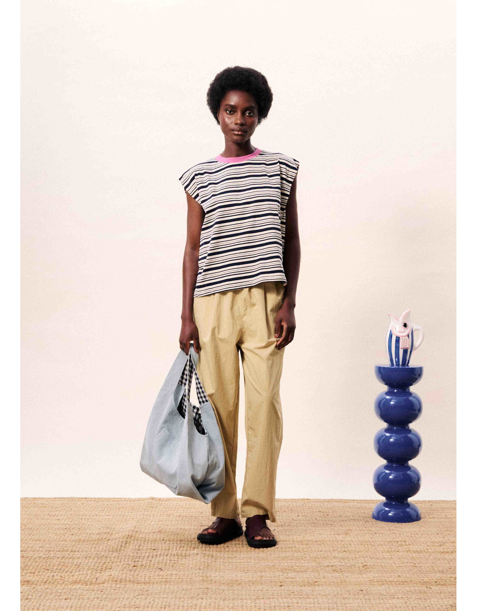 FRENCH STRIPED TEE W/CONTRAST NECK