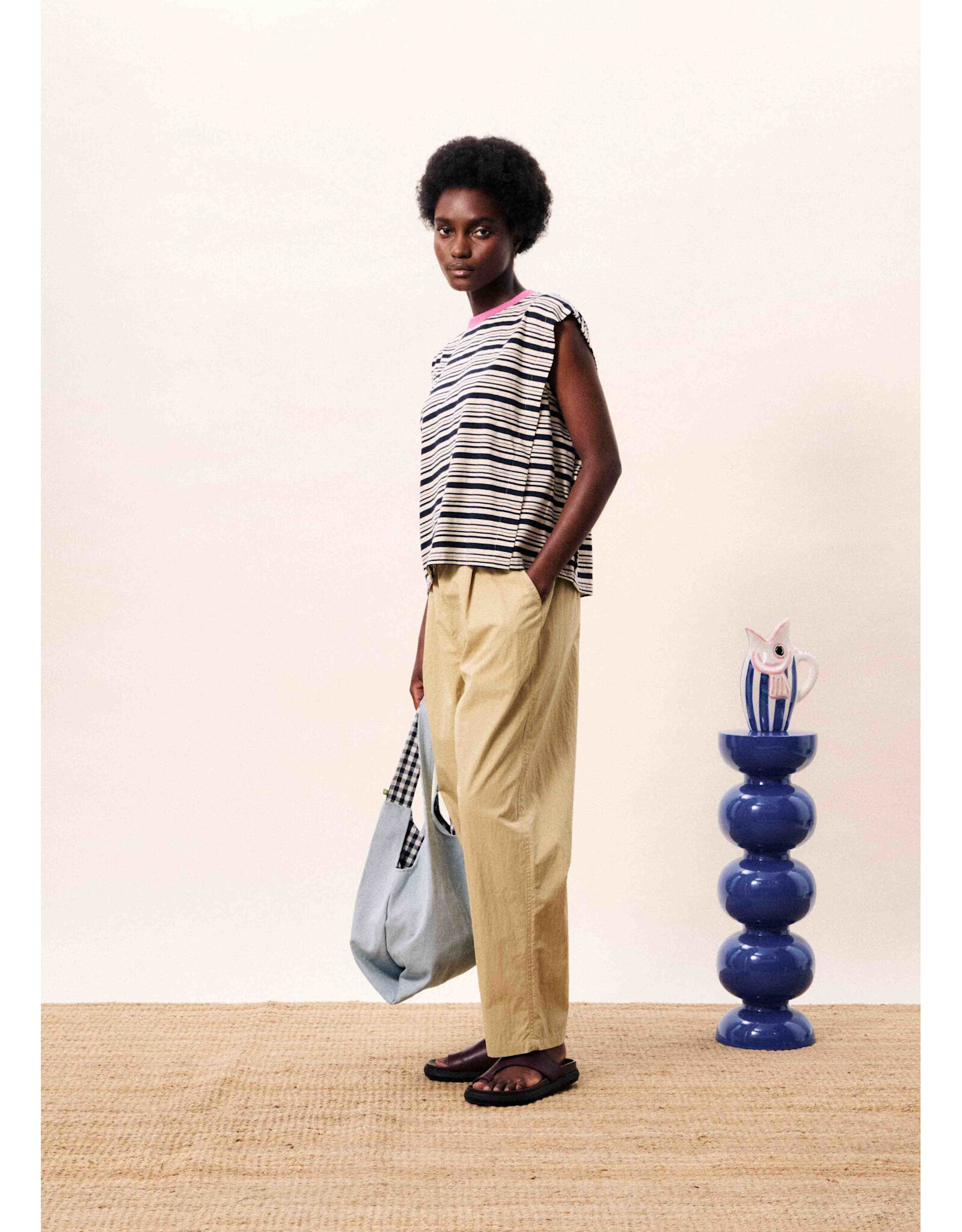 FRENCH STRIPED TEE W/CONTRAST NECK
