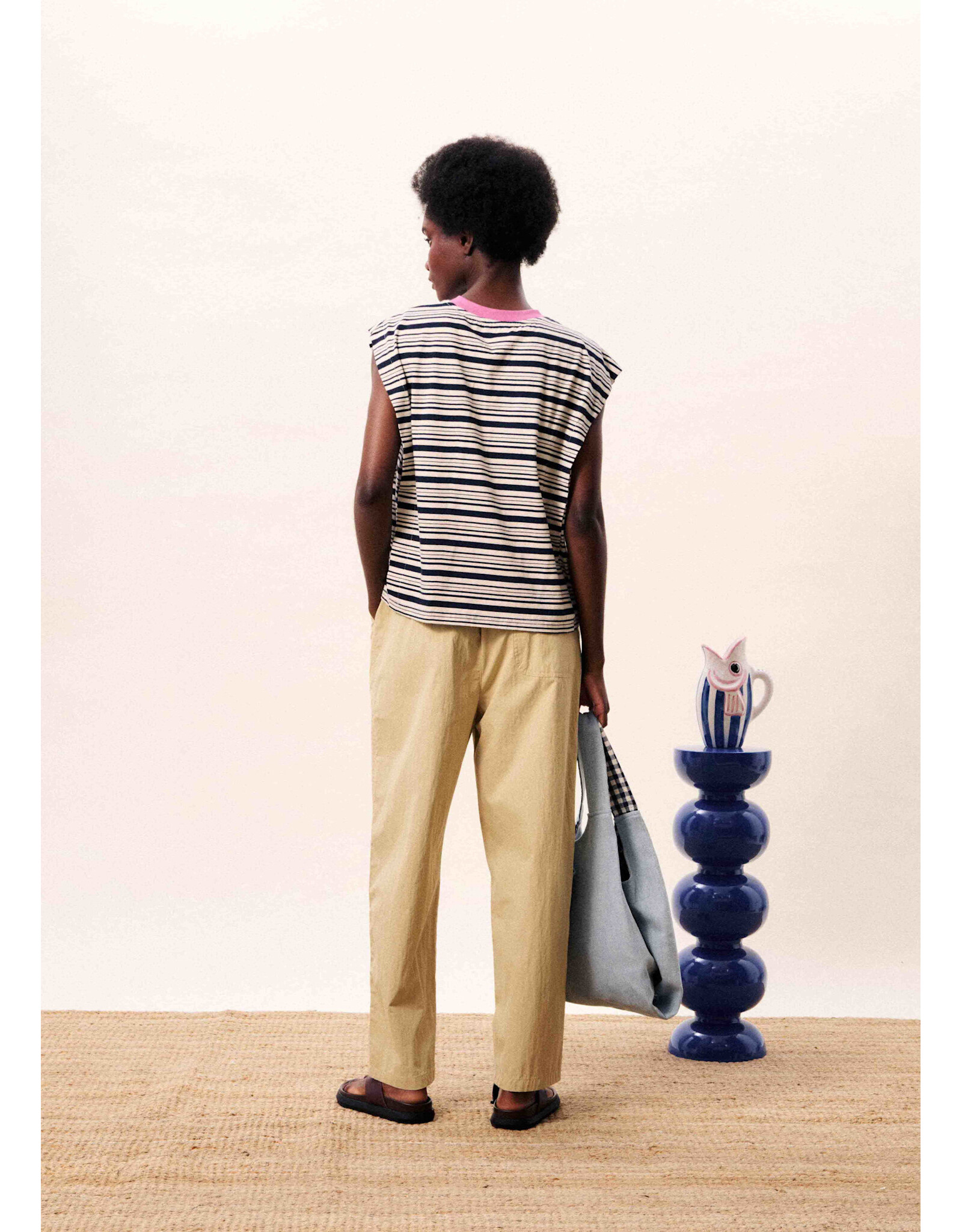 FRENCH STRIPED TEE W/CONTRAST NECK