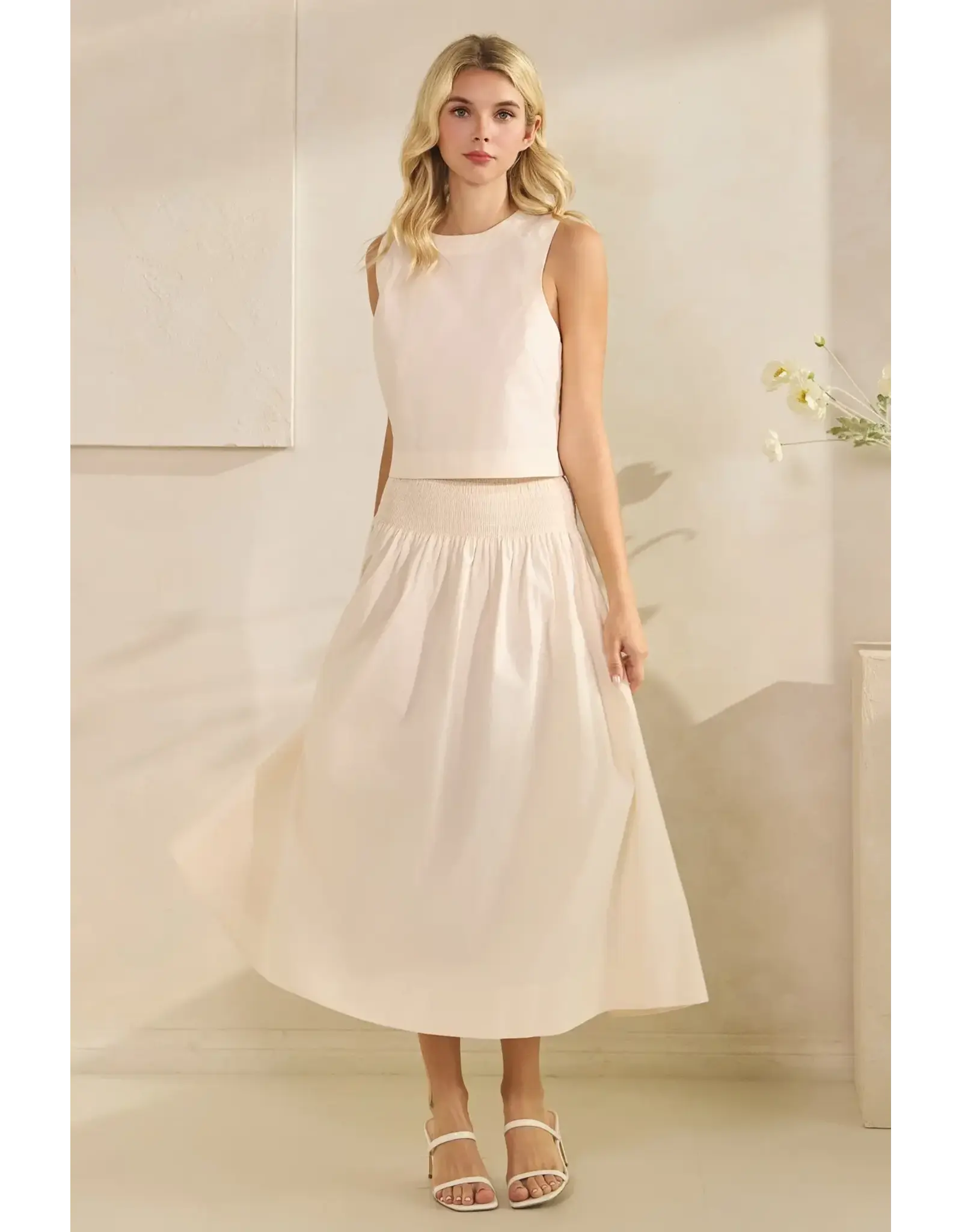 TRES BIEN SMOCKED WAIST POPLIN MAXI SKIRT