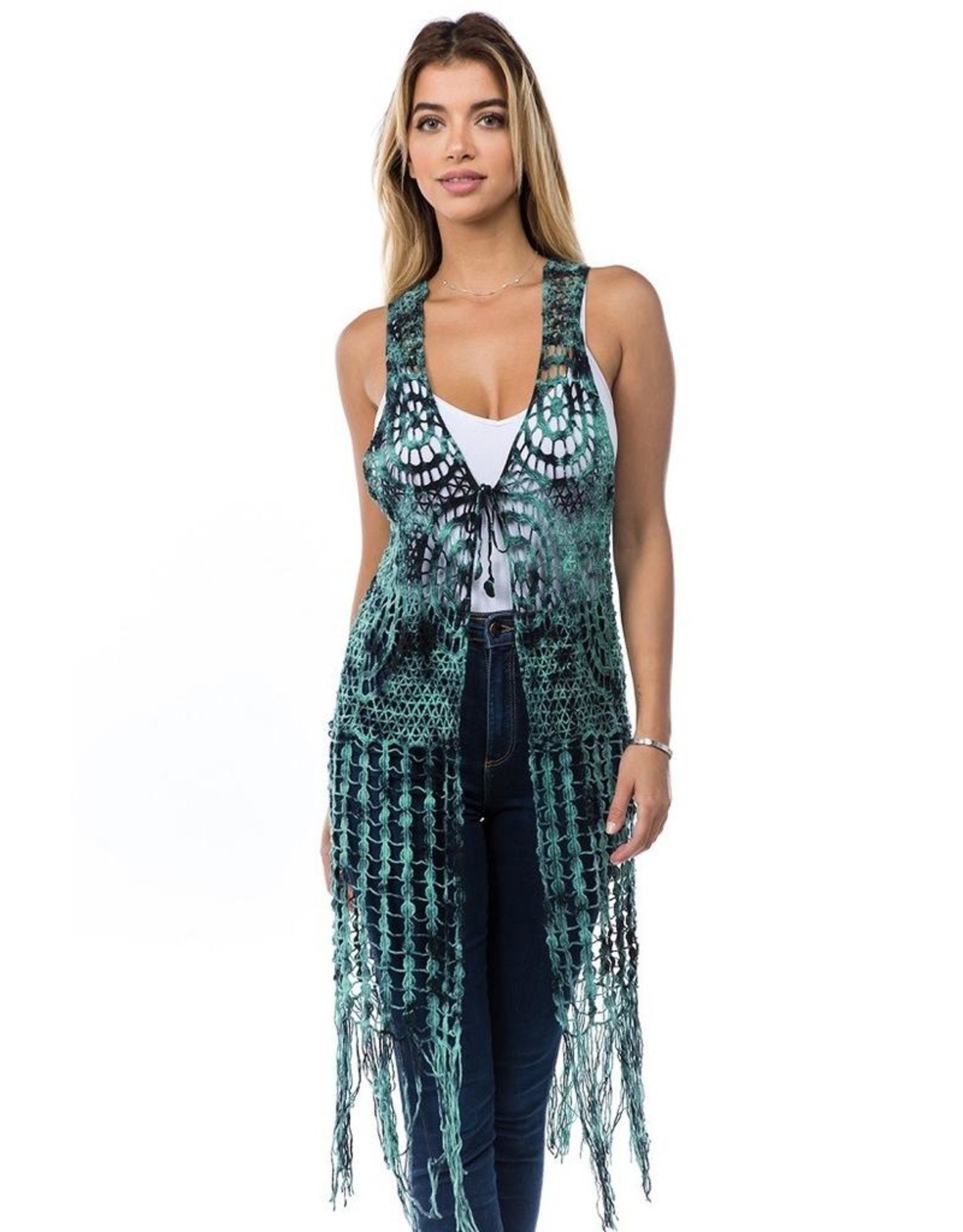 Tie Dye Crochet Fringe Front Tie Vest