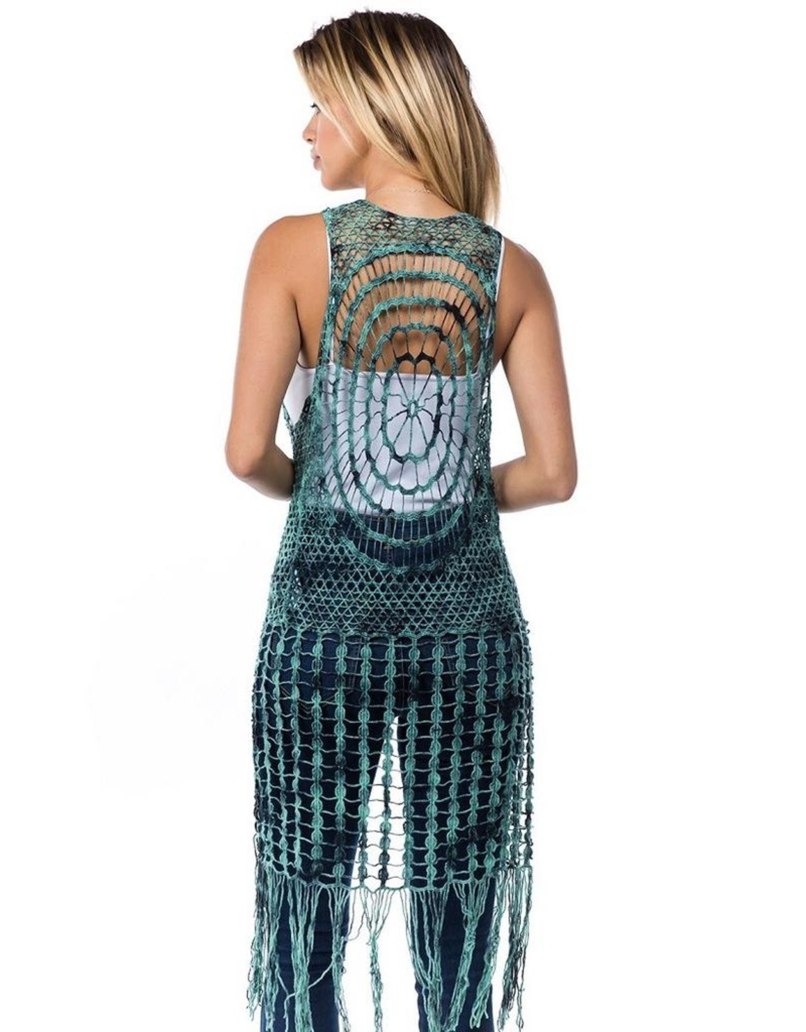 Tie Dye Crochet Fringe Front Tie Vest