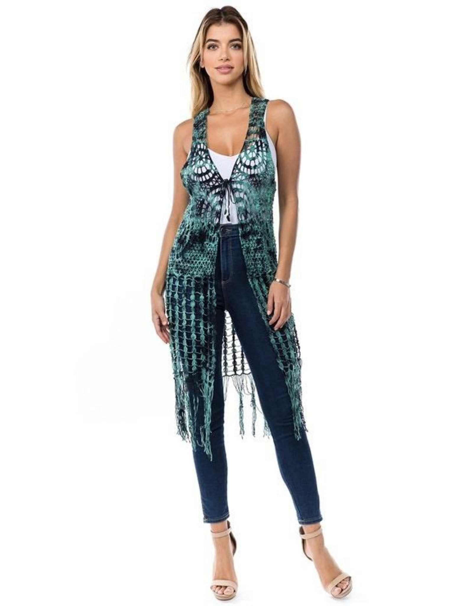 Tie Dye Crochet Fringe Front Tie Vest