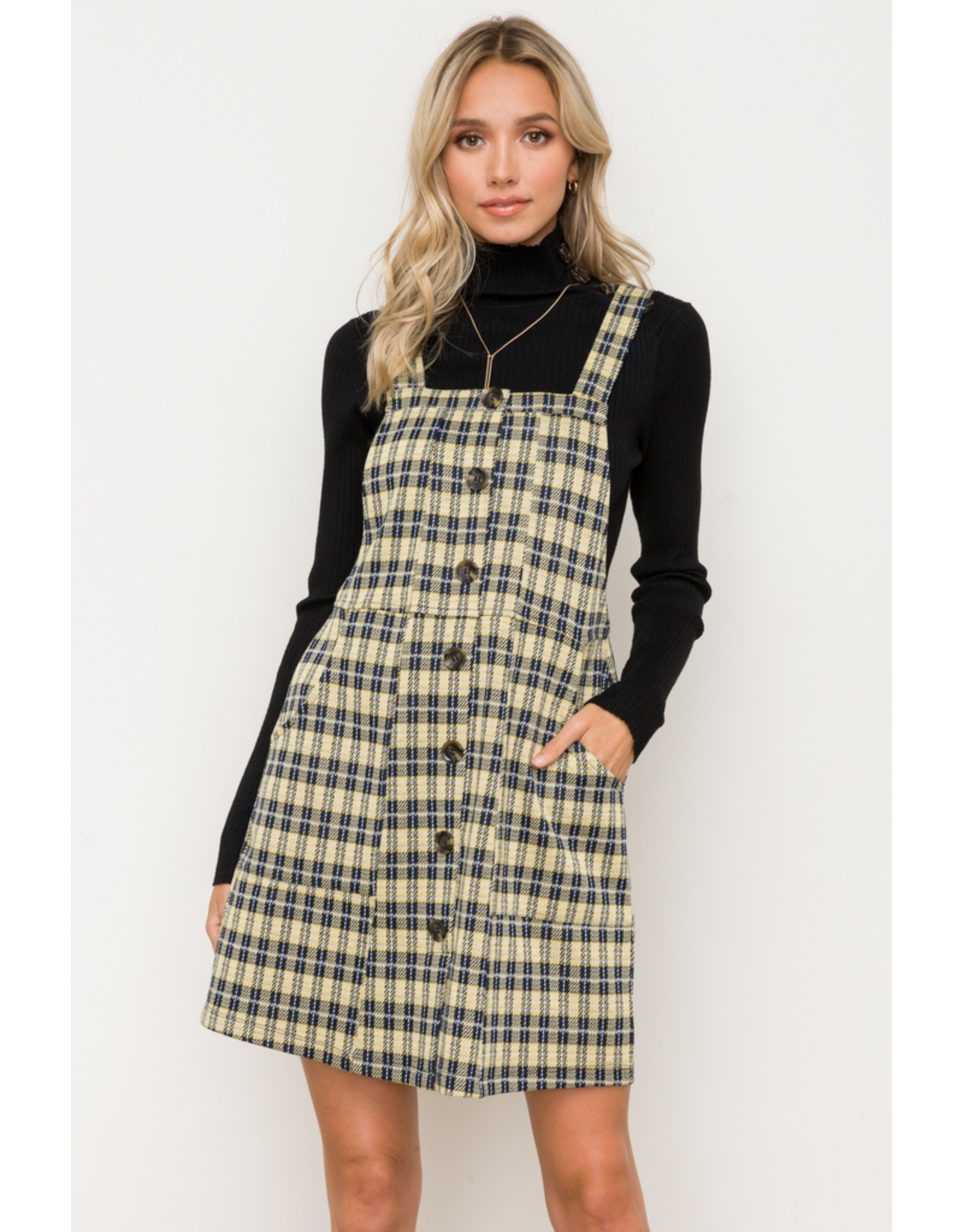 Button Front Overall Plaid Mini Dress
