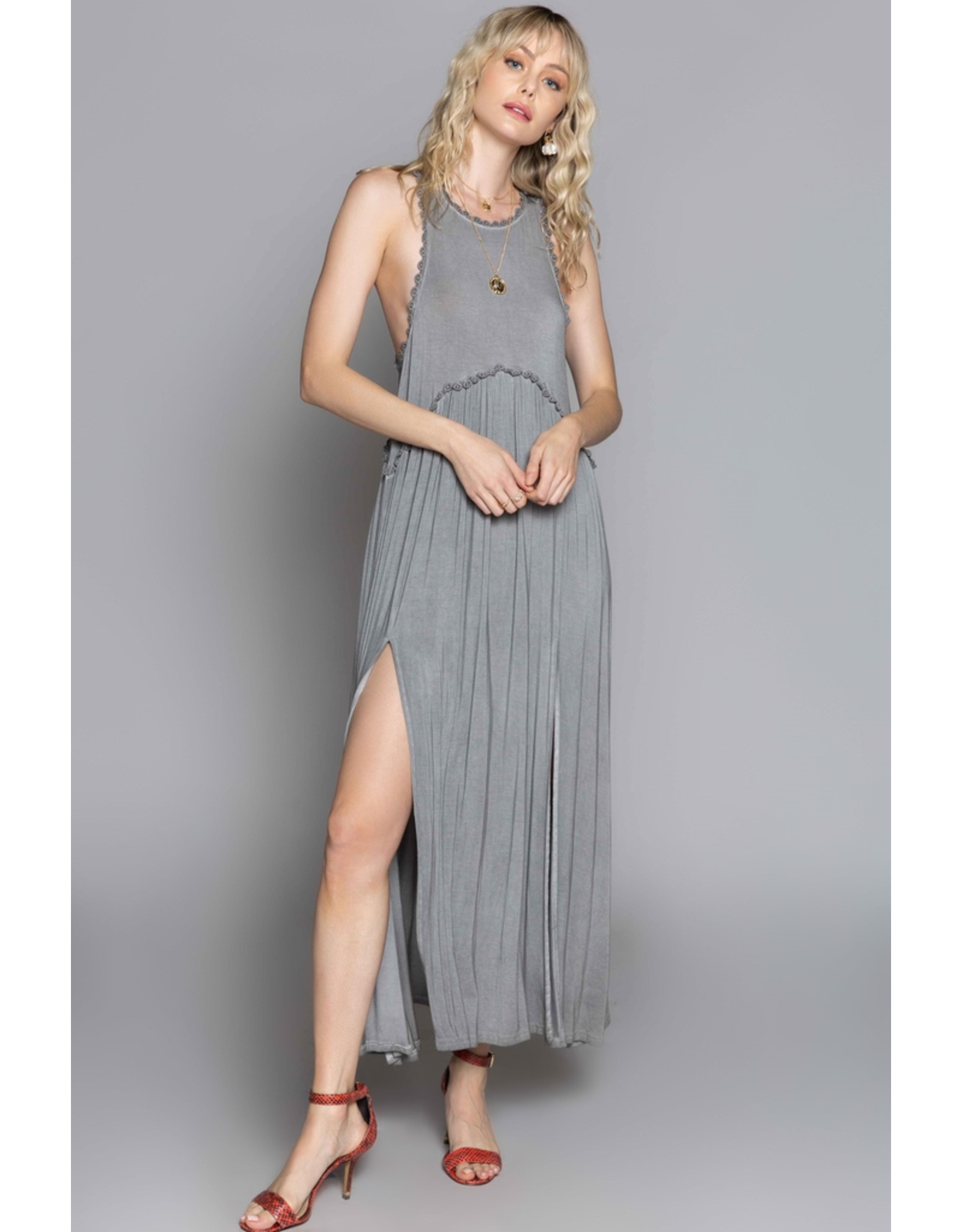 Racer Back Babydoll Bodice Maxi Dress with Slit