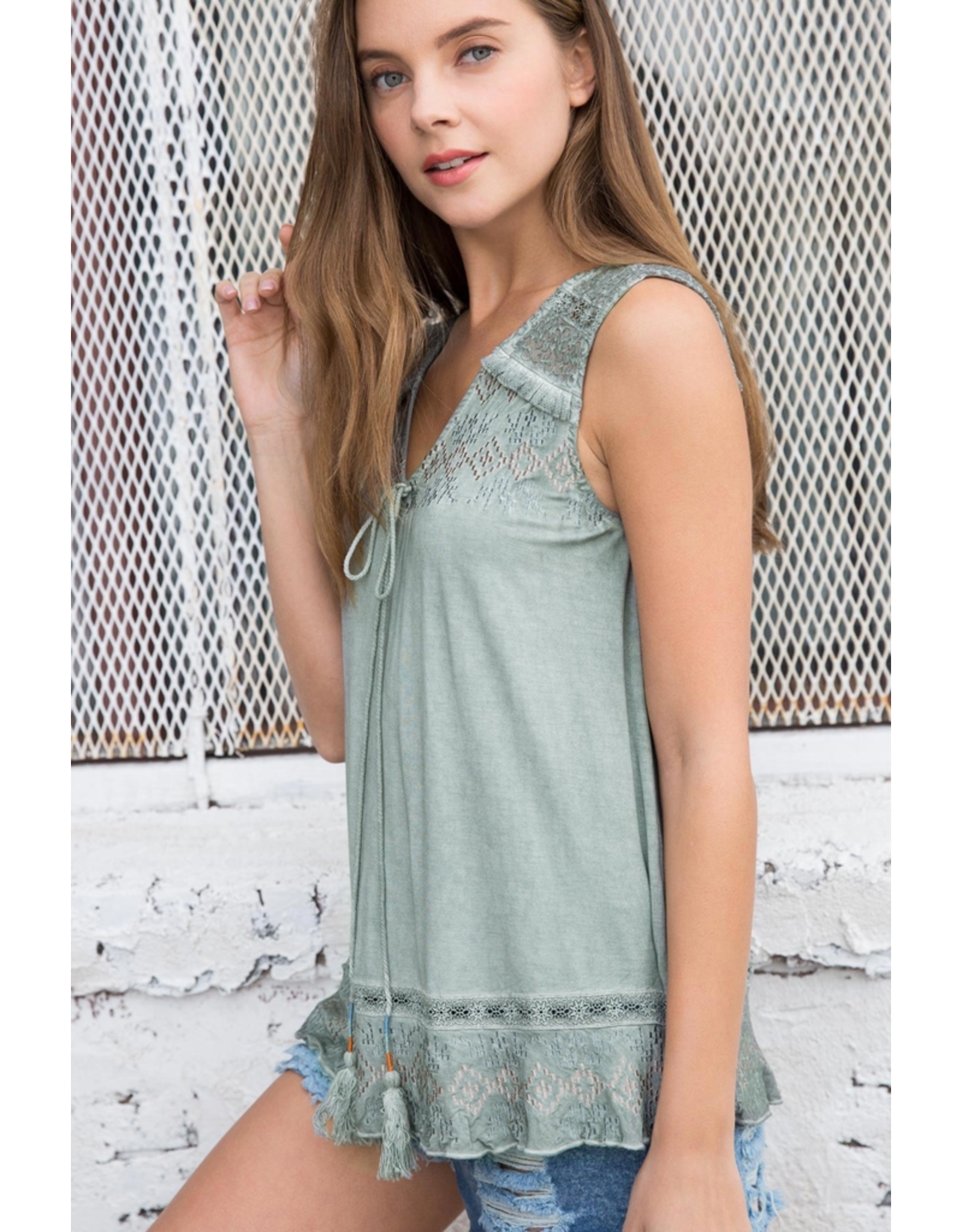 Sleeveless Knit Tank with Lace Trim