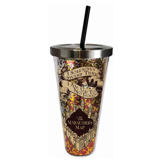 Spoontiques Travel Glass - Harry Potter - Marauder's Map with Glitters Insulating with Straw 20oz
