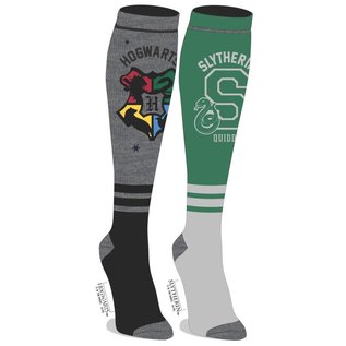 Bioworld Socks - Harry Potter - Quidditch Slytherin and Hogwarts Grey Pack of 2 Pairs Knee High Tube
