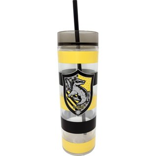 Spoontiques Travel Glass - Harry Potter - Hufflepuff Crest with Yellow Stripes and Straw 14oz