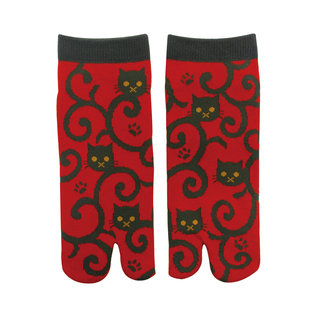 WagoKoro Chaussettes - Tabi - Kuro Neko Chats Noirs Arabesques Rouges et Noires 1 Paire 23-25cm