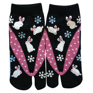 WagoKoro Chaussettes - Tabi - Usagi Lapins avec Geta Roses et Noires 1 Paire 23-25cm