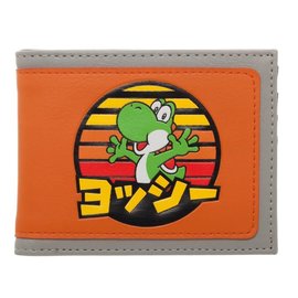 Bioworld Wallet - Nintendo Super Mario - Yoshi in Katakana Orange and Gray Faux Leather Bifold